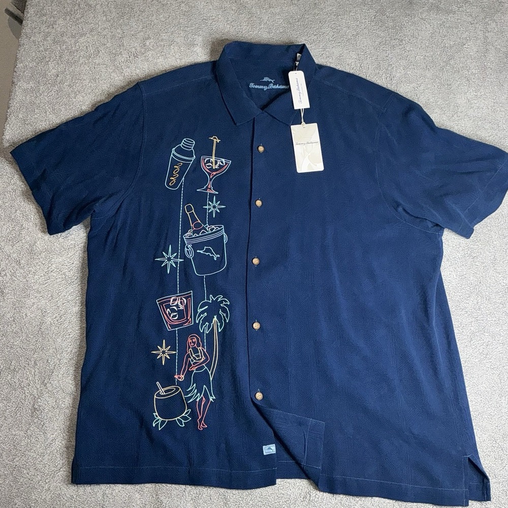 Tommy Bahama Silk Shirt Blue 2XL Embroidered Happy New Year 2020 Classic Hula